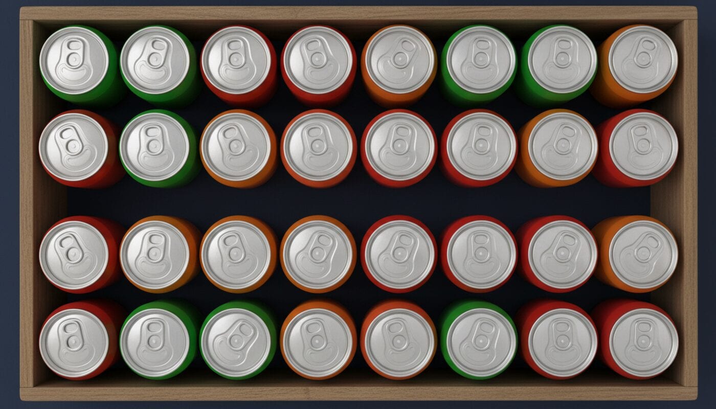 Top-down view of a wooden crate of soda cans ringed in green, red, silver and orange