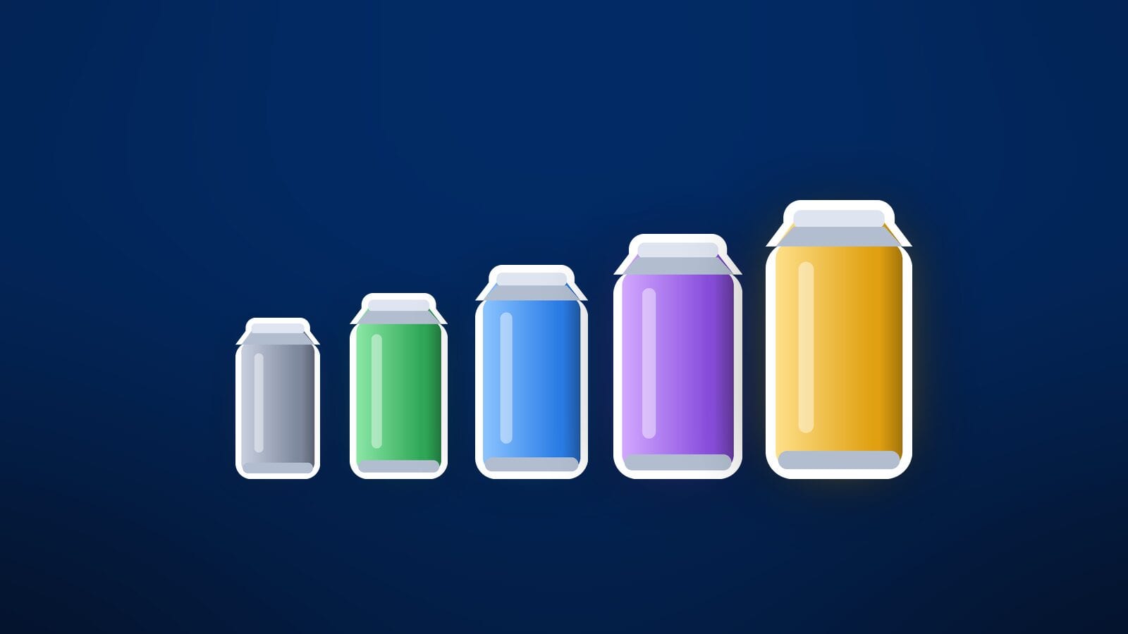 Five cans that grow in size, in the five rarity colours: grey, green, blue, violet and gold.