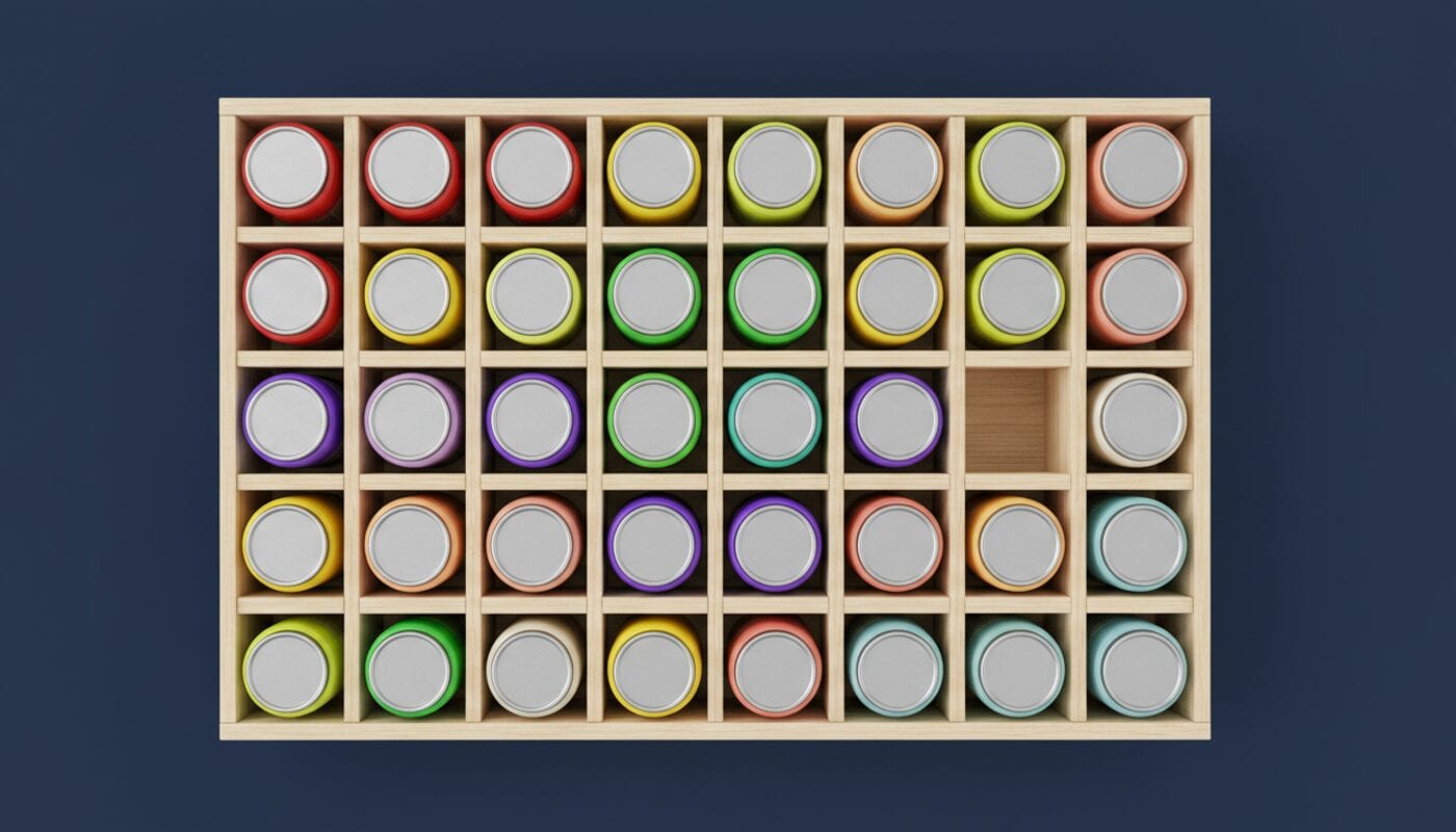 Top-down view of a wooden crate of slim cans in many edition colors, with one empty slot