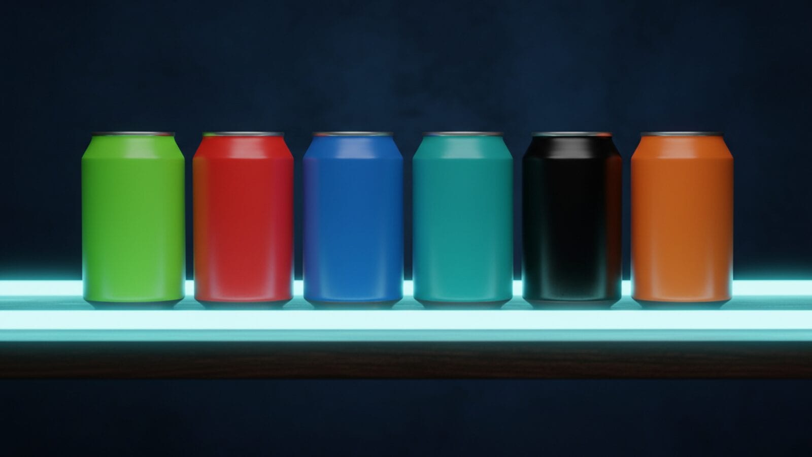 Latas de aluminio sin marca en verde neón, rojo, azul, verde azulado y negro sobre un fondo azul marino con rayos de luz y un brillo cian.