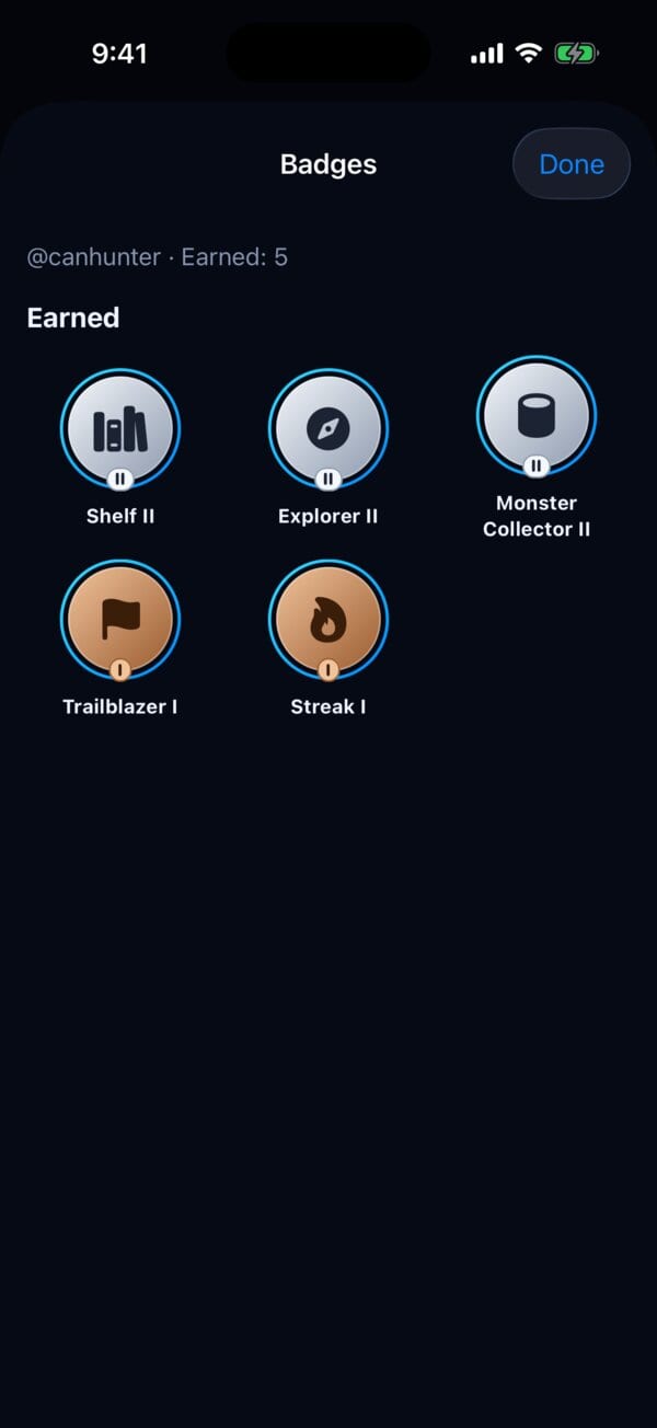 Another player's profile badges: Shelf II, Explorer II, Monster Collector II, Trailblazer I and Streak I