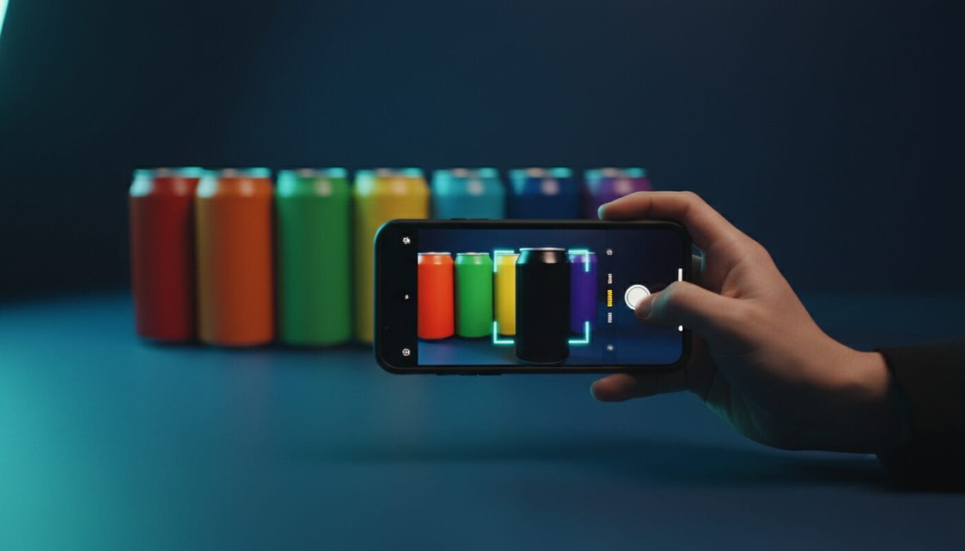 Una mano escanea con el celular una lata negra de bebida energética sin marca, con una fila de latas de colores atrás