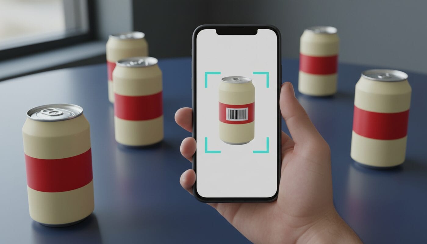 Una mano escanea con el celular una lata de refresco crema y rojo cereza sobre una mesa azul marino