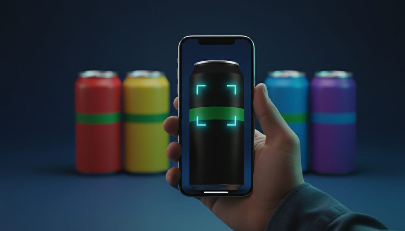 Una mano escanea el código de barras de una lata energética negra con una franja verde, con latas de colores atrás