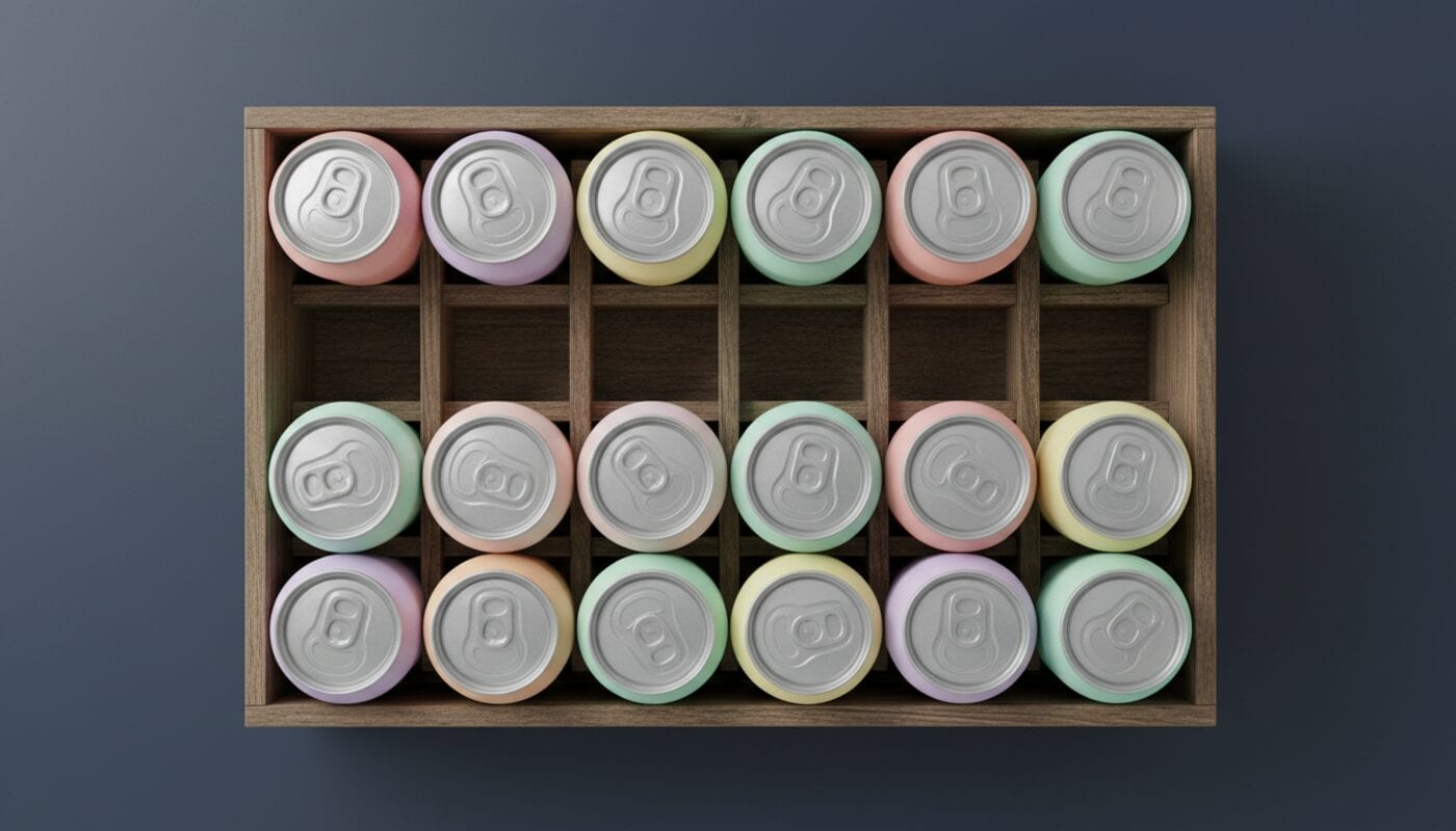 Top-down view of a wooden crate of pastel soda cans with one empty row of slots
