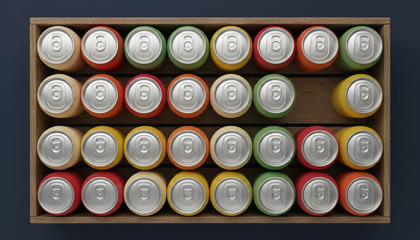 Vista desde arriba de una caja de madera con latas de refresco en crema, rojo, mostaza, verde salvia y naranja, con un espacio vacío
