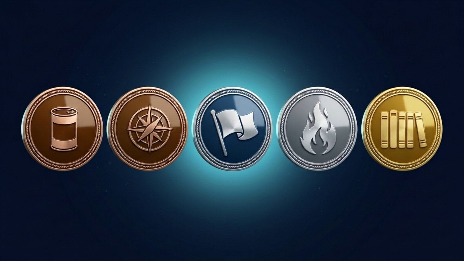 Five round medals in bronze, silver and gold on a dark blue background with a cyan glow.