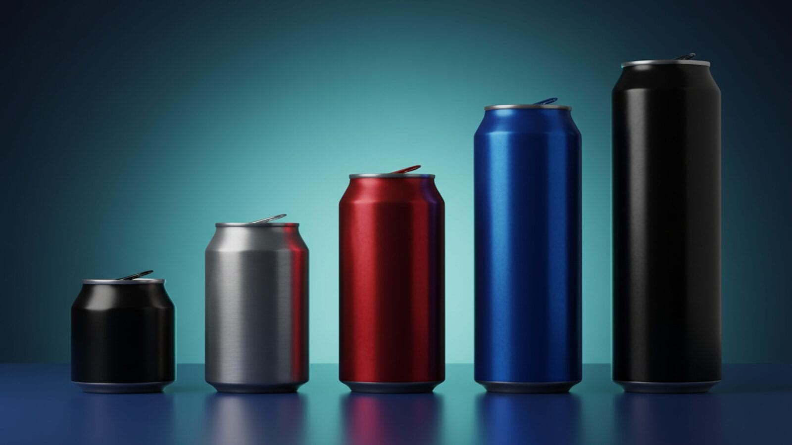 Una fila de latas de bebida energética sin marca que van subiendo de altura, con bordes cian brillantes sobre un fondo azul marino.