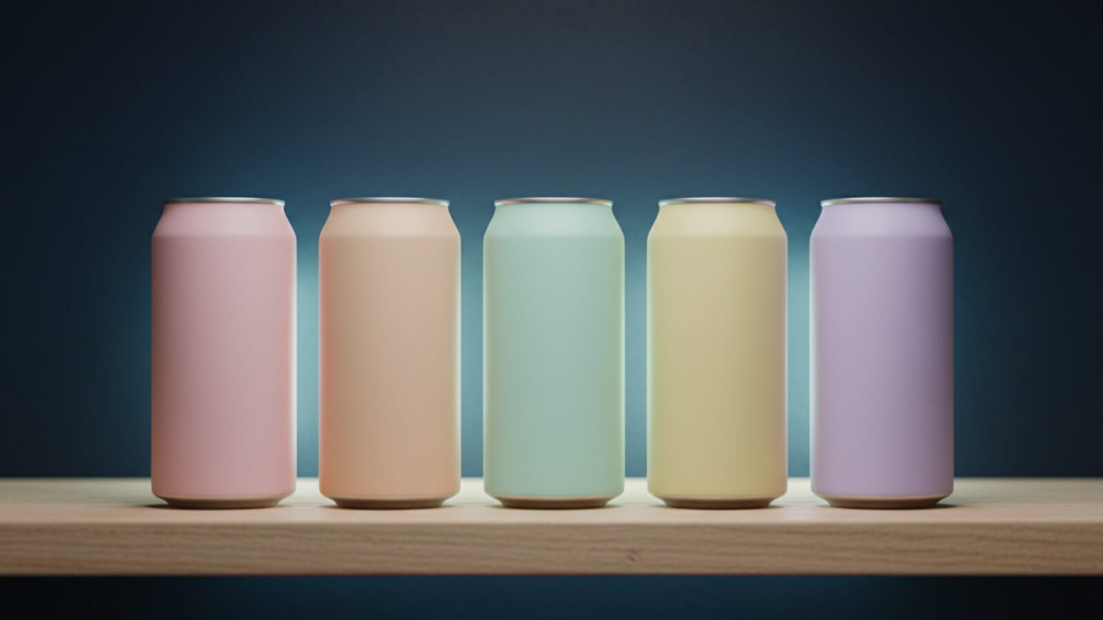 Seis latas delgadas de refresco en tonos pastel rosa, naranja, lima, morado, durazno y azul sobre un fondo azul marino con un brillo cian.