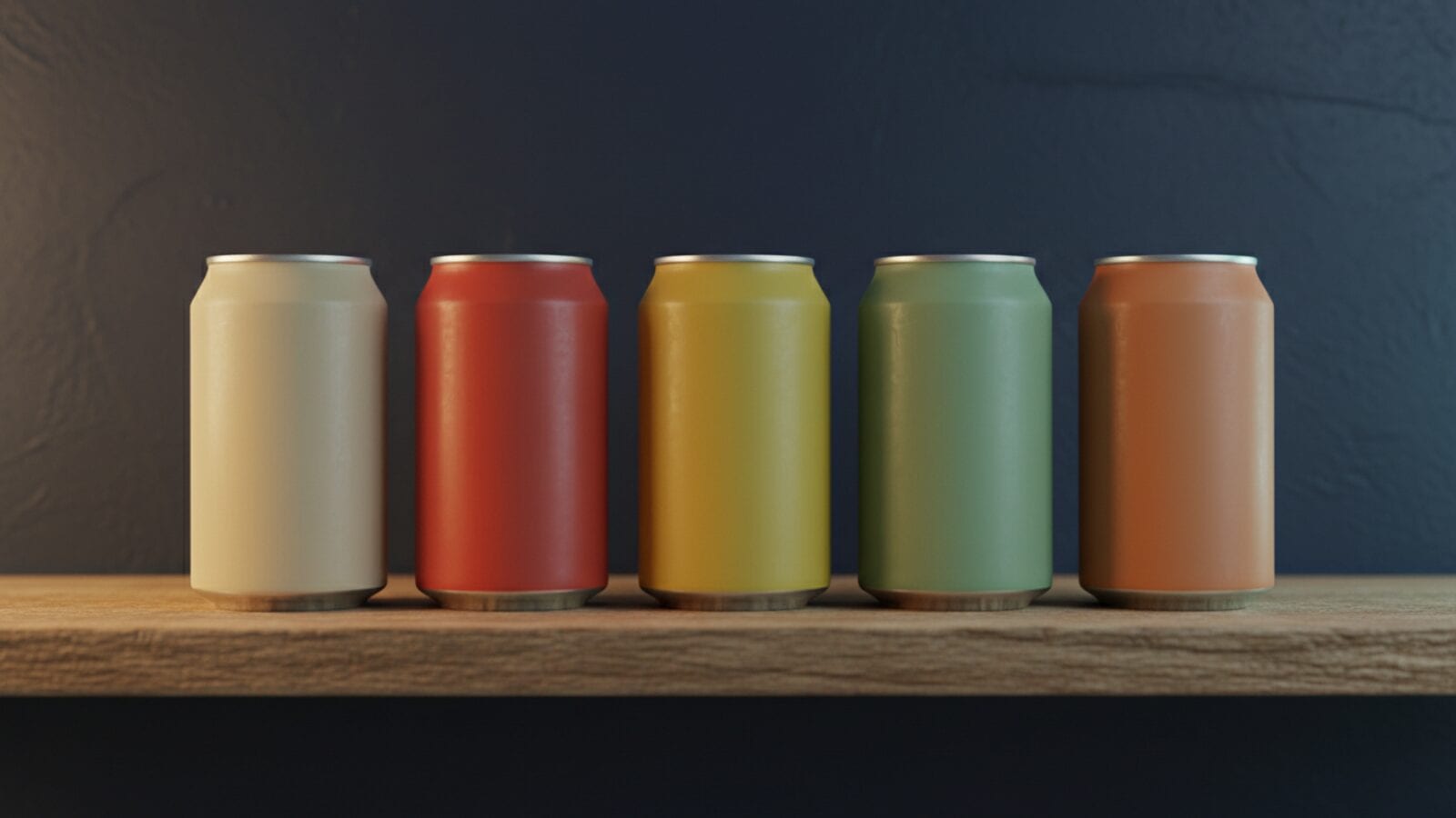 Seis latas de refresco sin etiqueta en crema, rojo cereza, café de root beer, naranja, verde azulado y rosa sobre un fondo azul marino con un brillo cian.