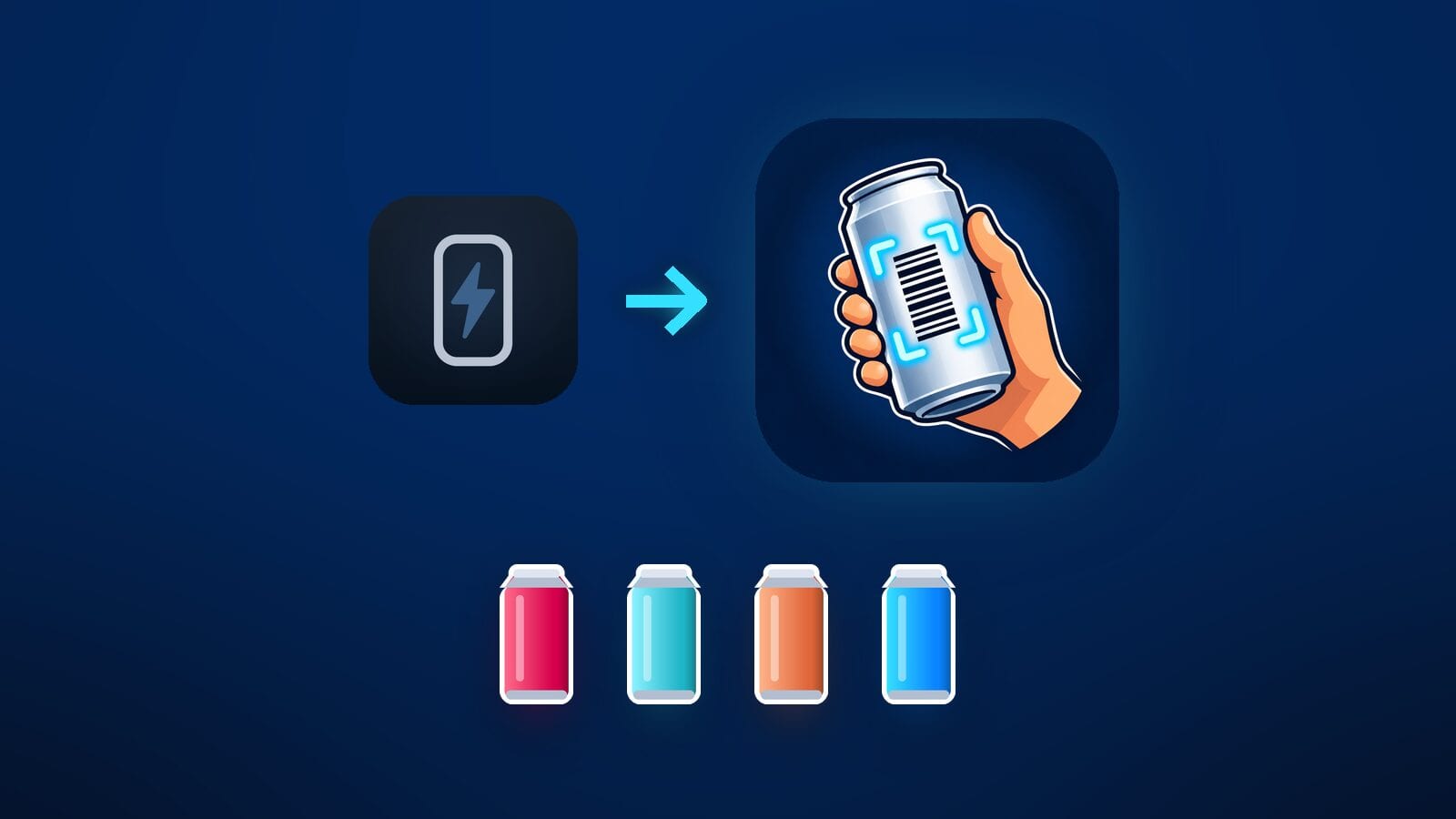 The old Caffeine Mog bolt icon with an arrow to the new CanMog icon of a can in a hand, above four cans in pink, cyan, orange and blue.