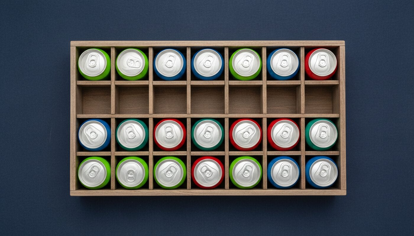 Top-down view of a wooden crate of soda cans in neon green, red, blue and teal, with an empty row of slots