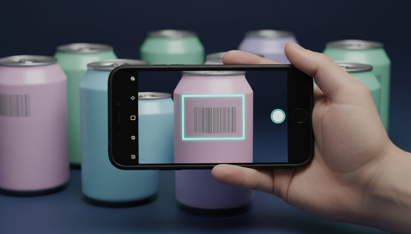 A hand scans the barcode of a pastel pink soda can with a phone, with pastel cans behind it