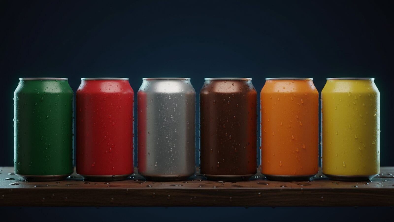 Latas de refresco sin marca en verde, rojo, plateado, café y naranja sobre fondo azul marino, la mitad con un anillo de luz cian.