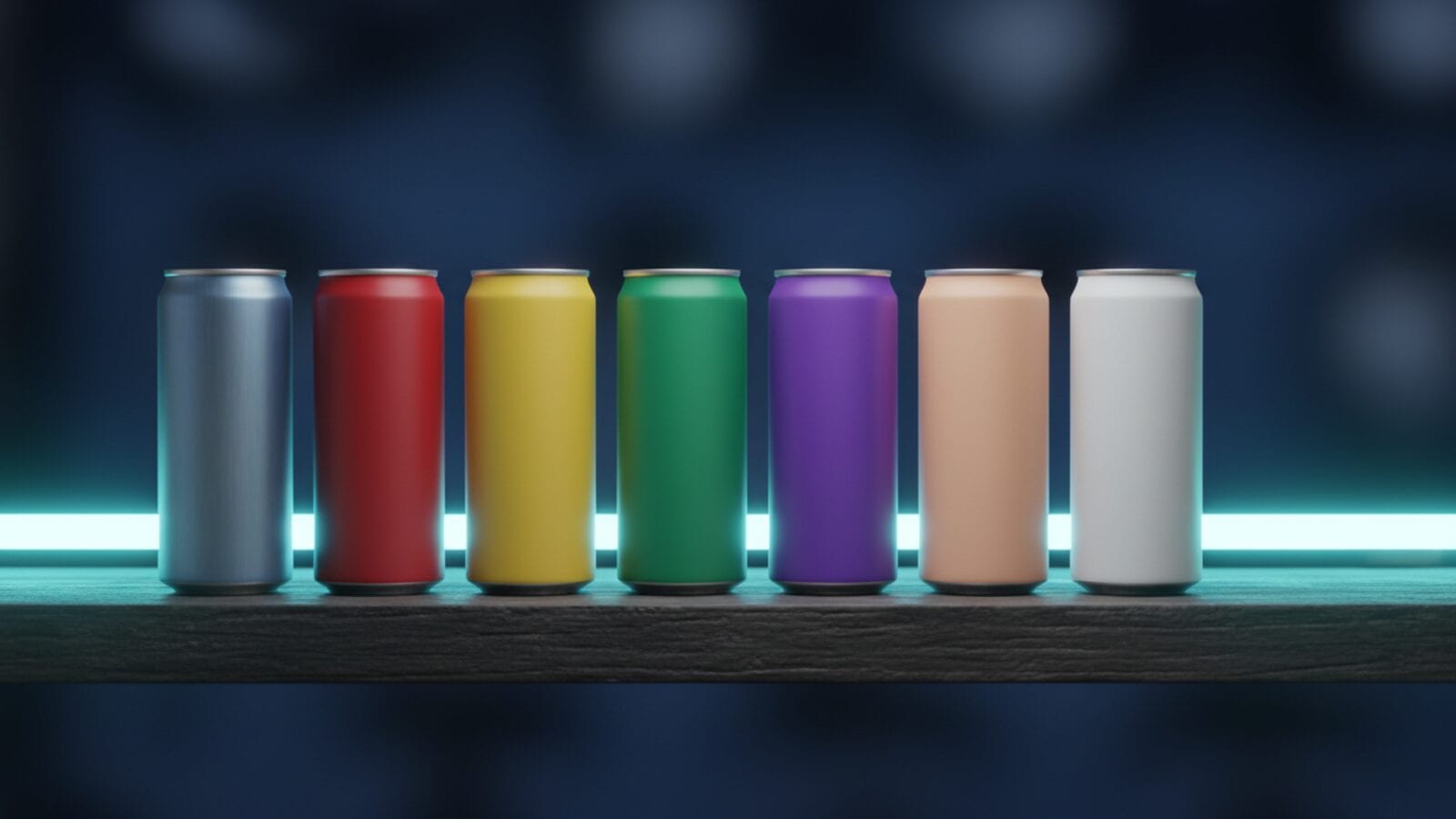 A fan of slim blank aluminum cans in red, yellow, blue, pink, amber, white, green and purple on a navy background with a cyan glow.