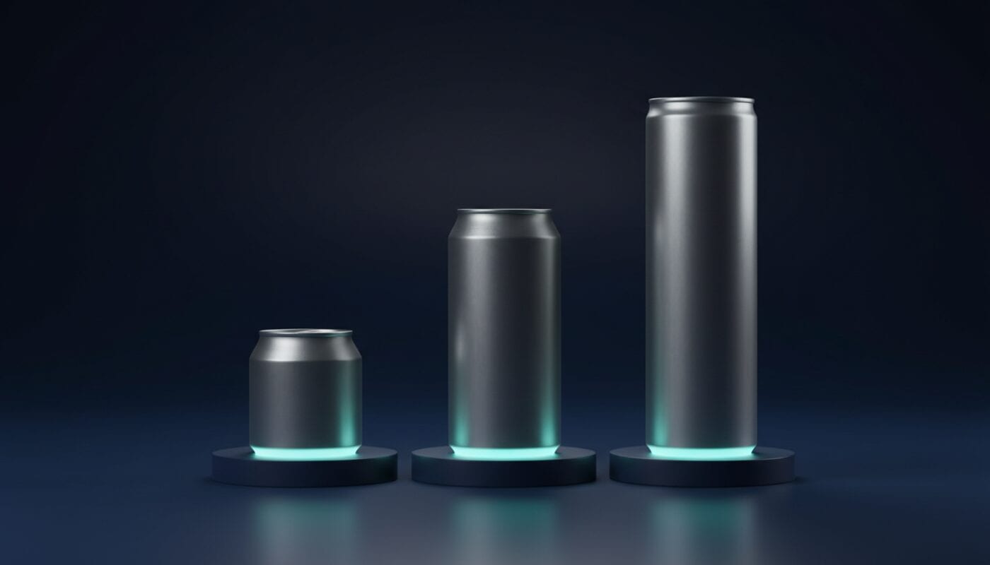Tres latas lisas de tamaño creciente, chica, mediana y alta, cada una sobre una base iluminada en cian