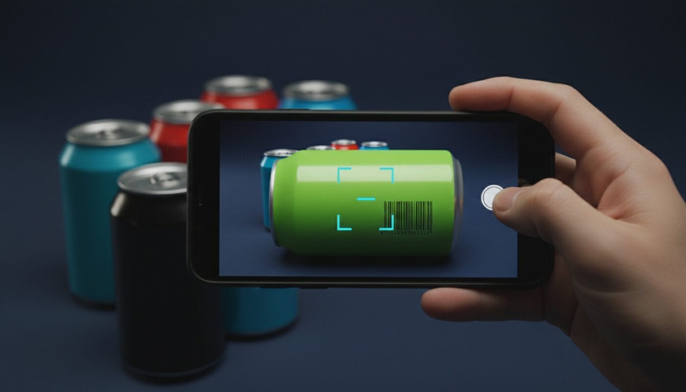 A hand scans the barcode of a neon green soda can with a phone, with red, blue and black cans behind it