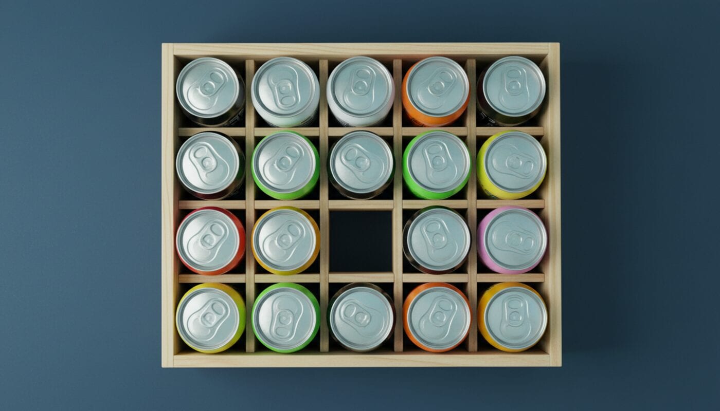 Vista desde arriba de una caja de madera con latas energéticas altas en negro, blanco, verde y colores de jugo, con un hueco vacío
