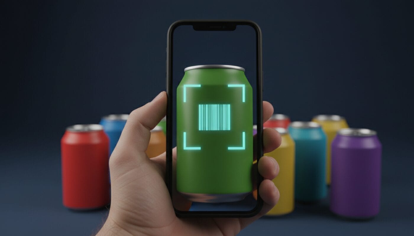 A hand scans the barcode of a green soda can with a phone, with colorful soda cans behind it