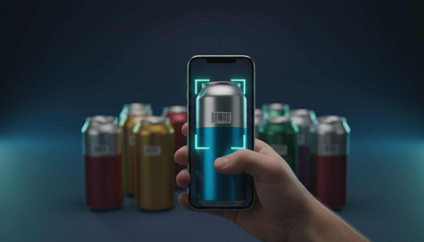 A hand scans a slim silver and blue can with a phone, with colorful slim cans behind it