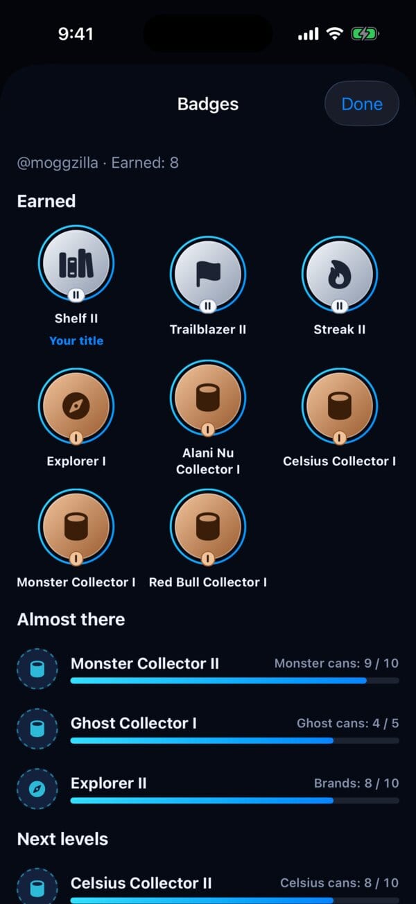 The All badges screen: earned badges, then "Almost there" with Monster cans 9 of 10