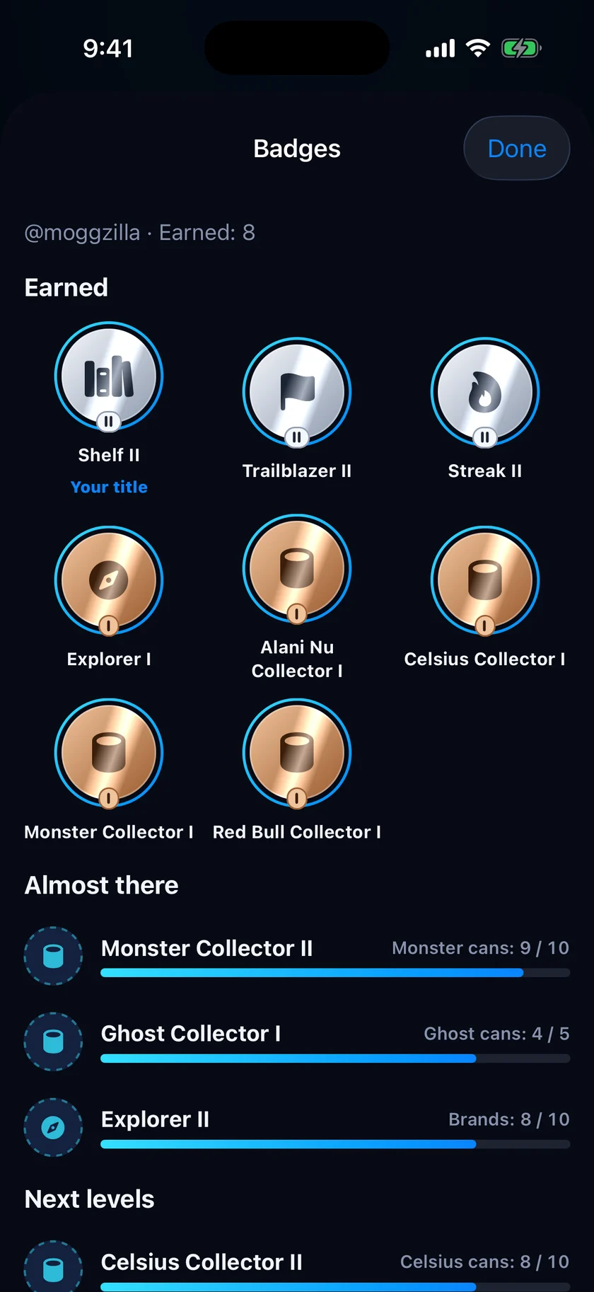 Badges: medals for your shelf, brands, first finds and streak, one shown as your title