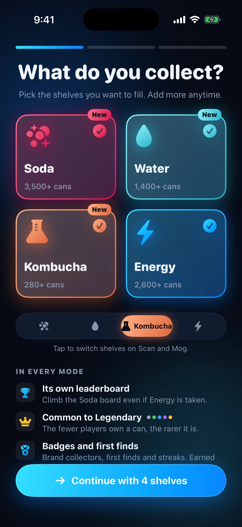 Shelf picker: Energy, Soda, Water and Kombucha